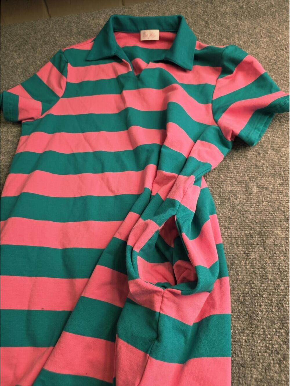 Pink Lily Teal Pink Striped Collared T-Shirt Dress Shift Preppy Knit Mini M - Picture 8 of 8